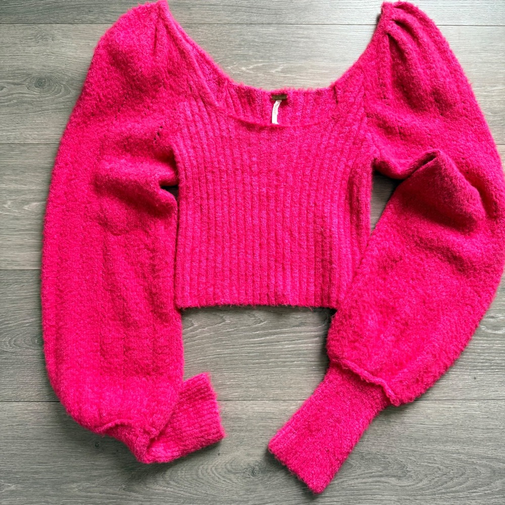 Free People Hot Pink Puff‎ Sleeve Ribbed Cropped Sweater Womens Medium